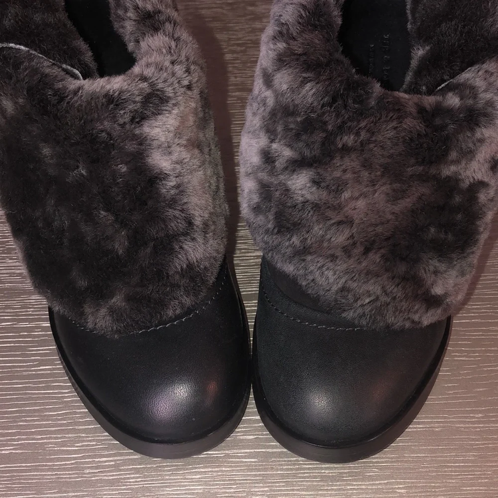 rag & bone Black Leather Mules with Gray Fur Cuff
